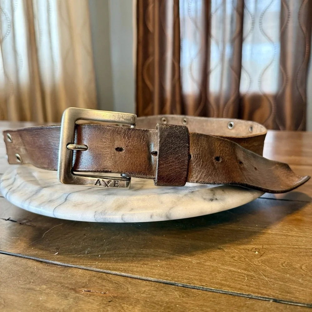 VTG 90s Y2K American Eagle Brown Leather Weathered Silver Grommet Belt Sz 34-40